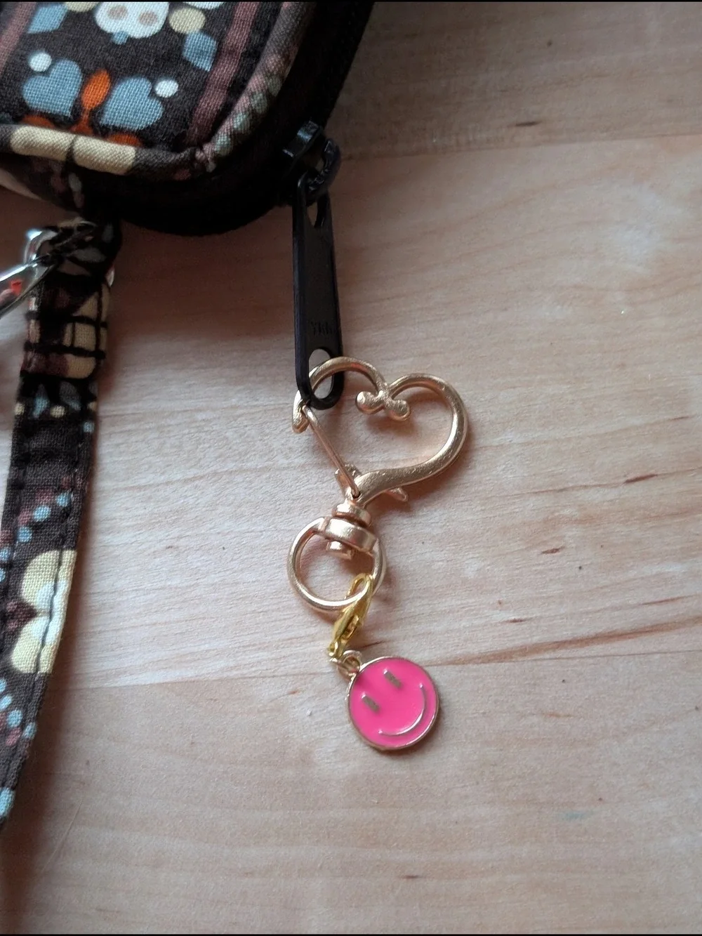 Gold Heart Keychain with Pink Smiley Charm